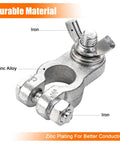 Close-up of zinc alloy battery terminal end with wing nut connector marked for cars, trucks, vans, RVs, and boats.