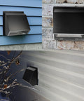 12 Inch Wall Vent Hood With Screen And Damper Cap for Outdoor Exhaust on various walls, black galvanized steel.