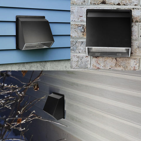 12 Inch Wall Vent Hood With Screen And Damper Cap for Outdoor Exhaust on various walls, black galvanized steel.