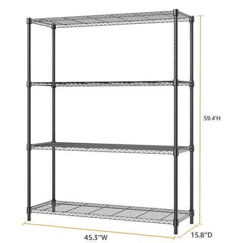 Beefy Heavy Duty 1400 Lbs 4 Tier Metal Wire Shelving Rack, 45.3"W x 15.8"D x 59.4"H dimensions, black, four shelves.