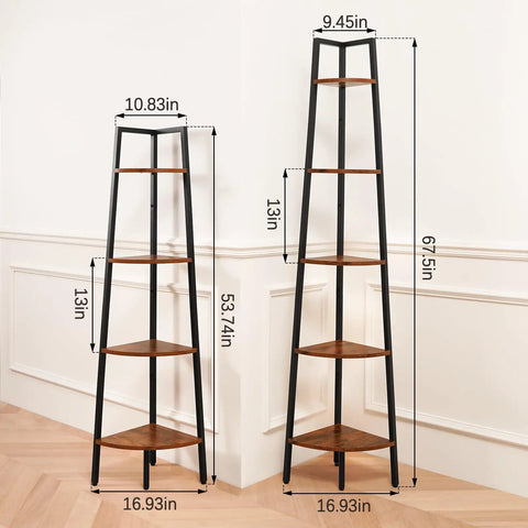 Deadly Solid 5 Tier Corner Bookcase With Heavy Steel Frame And Thick Rustic Wood Shelves, 67.5in tall, corner design for narrow spaces.