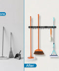 Stainless Steel Rustproof Broom Holder Wall Mount With Four Slots And Six Hooks Built Tough Mop Hanger Wall Organizer installed