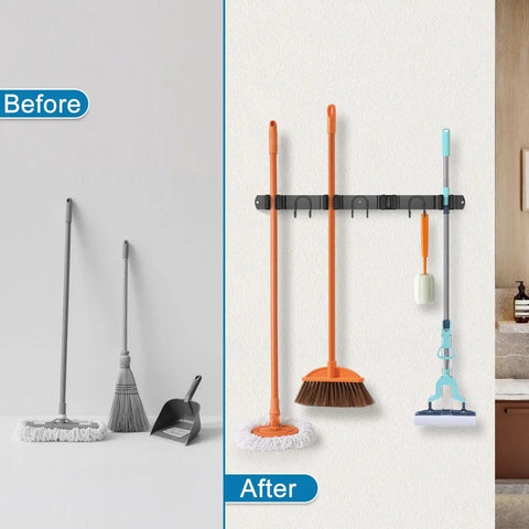 Stainless Steel Rustproof Broom Holder Wall Mount With Four Slots And Six Hooks Built Tough Mop Hanger Wall Organizer installed