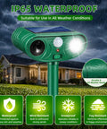 Two Pack Solar Ultrasonic Animal Repeller Set To Keep Cats, Deer And Other Pests And Critters Off Your Lawn And Garden, Easy Stake In Outdoor Deterrents That Recharge In Sun And Work Day And Night, green IP65 waterproof outdoor solar repeller
