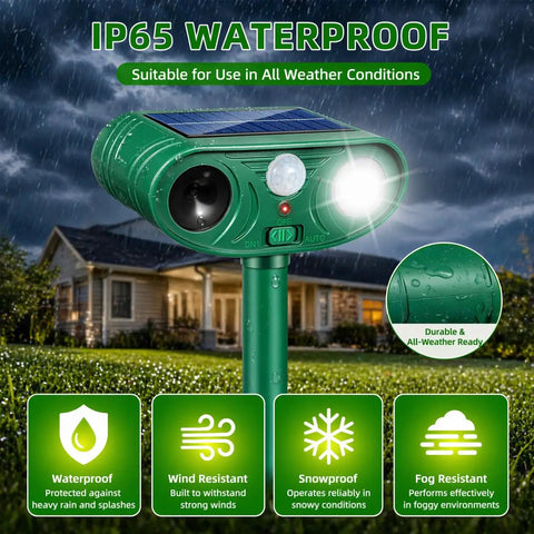 Two Pack Solar Ultrasonic Animal Repeller Set To Keep Cats, Deer And Other Pests And Critters Off Your Lawn And Garden, Easy Stake In Outdoor Deterrents That Recharge In Sun And Work Day And Night, green IP65 waterproof outdoor solar repeller