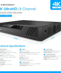 Amcrest 4K UltraHD 8 Channel Network Video Recorder with technical specifications, dimensions, and 10TB storage capacity.