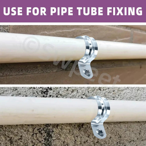 Close-up of zinc plated EMT pipe strap securing conduit pipe, part of 30 pack 1-1/2 inch zinc plated EMT pipe straps one hole kit.