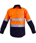Mens Heavy Duty Go To Hi Viz Safety Shirt With Slick 360 Degree Reflective Tape Boss Level Ansi Class 3 Work Apparel All Day Comfort Cotton Utility Shirt Orange Navy Blend front view with reflective tape