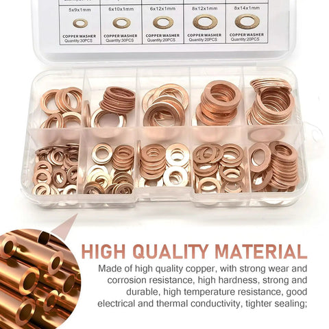 Copper Crush Washers Set, 200-Piece Metric Gasket Kit for Oil Drain Plugs, 9 Sizes From M5 To M14, Gold washers in box