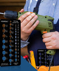 Person holding drill with Stainless Steel Drill Bit Gauge With 29 Holes, 1/16 Inch To 1/2 Inch Size Guide nearby.