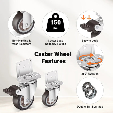 Heavy Duty Two Inch Side Mount Caster Wheels 12 Pack Rock Solid L Shaped Rubber Castors with locking feature and load capacity of 150 lbs.