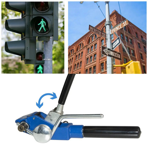 Rock Solid Stainless Steel Strapping Tensioner With Quick Cable Tie Cutter Heavy Duty Banding Tool in action next to street signs.
