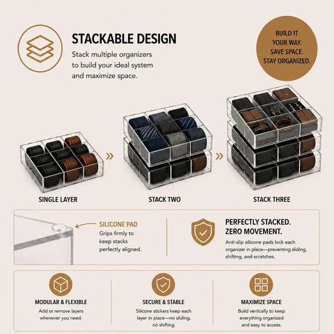 Keep Your Gear Legit With This Stackable Acrylic Belt Organizer Featuring Nine Roomy Compartments For Belts Ties Wallets Watches And Scarves Clear Display Rack 3 stacked displays showcasing the modular design and silicone pads.