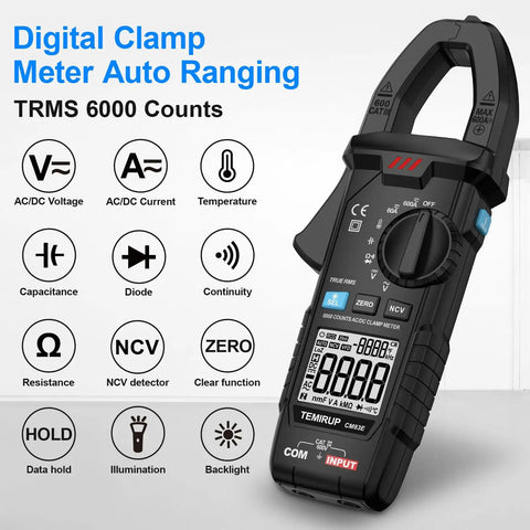 True RMS Clamp Meter For Auto Ranging 6000 Counts With 600A Capacity And Built In Flashlight Backlight Measures NCV AC DC Voltage And Current Continuity Capacitance Diode Resistance And Temperature For Car Home And Industrial Fixes. Black digital clamp meter with LCD display.