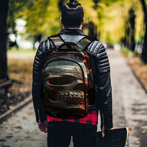 Midnight Skull And Crow Print Backpack For Men And Women, large capacity daypack with edgy streetwear vibe in urban setting