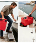 Man using 3 Gallon Marine Transfer Tank With Hose For Boats, I Shape Handle, 12 Liter Capacity on dock and boat deck