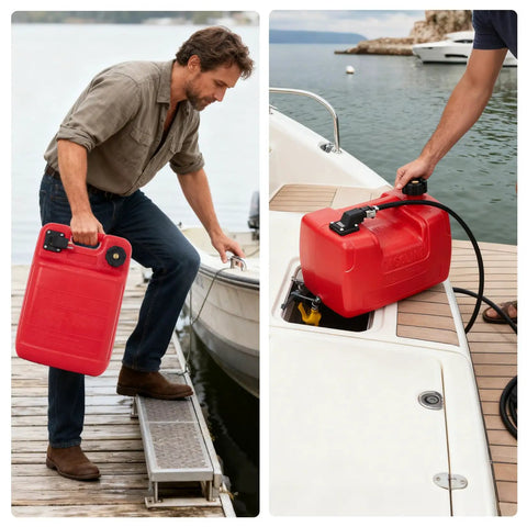 Man using 3 Gallon Marine Transfer Tank With Hose For Boats, I Shape Handle, 12 Liter Capacity on dock and boat deck