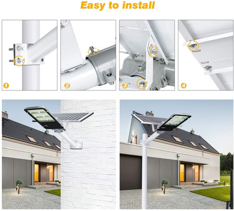 Solar Powered 300W LED Street Light For Outdoors Waterproof Dusk To Dawn Parking Lot Lighting With Remote Control Aluminum White Finish 30000 Lumen Mega Bright Outdoor Fixture installation guide