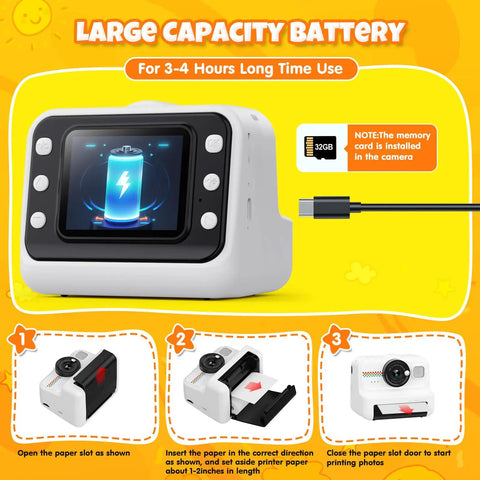 Kids Instant Print Camera With 1080P HD Imaging And No Ink Thermal Printing Includes 3 Rolls Photo Paper And 32GB Memory Card, battery view