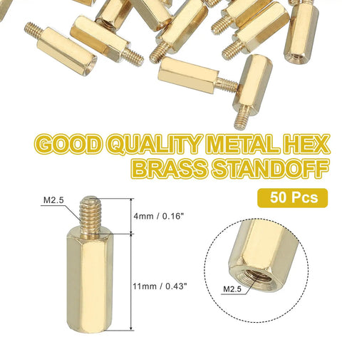 Solid Gold M2.5 Female Thread Hex Brass PCB Standoffs 50 Piece Set For FPV Drone And Quadcopter with dimensions.