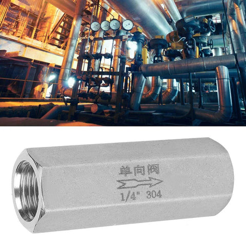Close-up of stainless steel 1/4 in BSPP female-thread one-way check valve