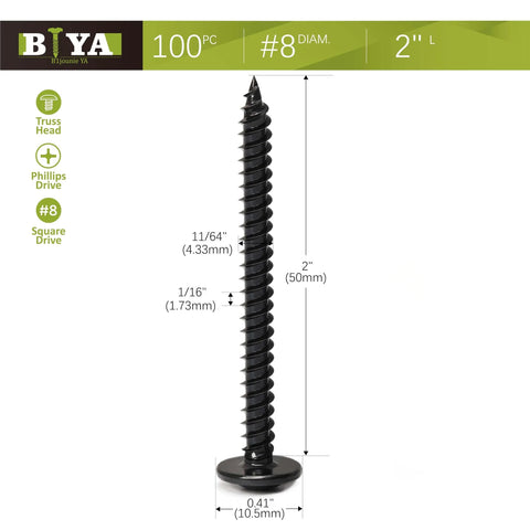 Heavy Duty Black No 8 X 2 Inch Truss Head Wood Screws, 100Pcs Self Tapping Phillips Screws With Zinc Oxide Coating for Woodworking