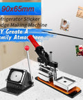 DIY Fridge Magnet Maker Kit with 2x2 2x3 2.5x2.5 and 2.5x3.5 inch sizes, built-in press and cutter, on countertop with magnets