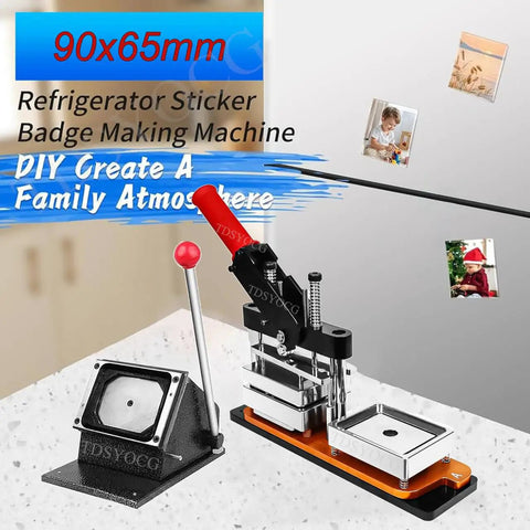 DIY Fridge Magnet Maker Kit with 2x2 2x3 2.5x2.5 and 2.5x3.5 inch sizes, built-in press and cutter, on countertop with magnets