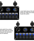Beefy 12V Marine Rocker Switch Panel 6 Gang With Blue LED Waterproof Toggle Control showing lit and unlit modes, USB charger, voltmeter