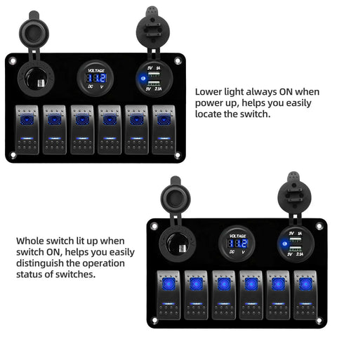 Beefy 12V Marine Rocker Switch Panel 6 Gang With Blue LED Waterproof Toggle Control showing lit and unlit modes, USB charger, voltmeter