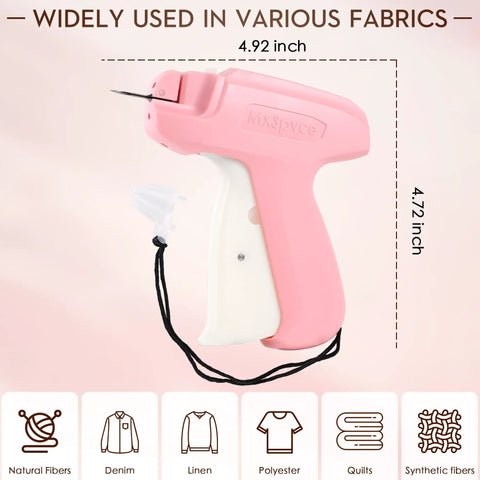 Clothing Hemming Tool That Feels Like A Pro Handheld Stitch Gun Quick Fixer For Pants Skirts Dresses And Sleeves No Sew Needed Tagging Gun Style Comes With 6 Needles Plus 1500 Black And 1500 White Fasteners, shown in pink with fabric compatibility icons.