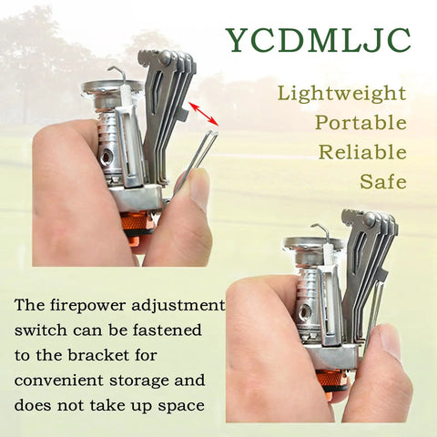 Close-up of lightweight portable camping stove for backpacking and hiking with piezo ignition and wind resistant design.