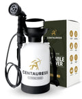 Portable Camping Shower Pump With Showerhead Holder And Safety Valve Up To 45 PSI No Battery Needed Manual Pump next to box