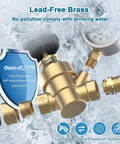 Solid Brass RV Water Pressure Regulator With Built In Gauge And Adjustable Valve showing lead-free brass construction.