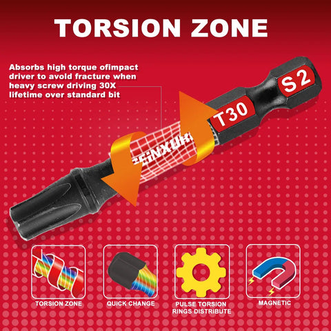 Impact Torx Screwdriver Bit Set Beefy 45 Piece Magnetic S2 Steel Driver Bits T30 focus with torsion zone feature displayed