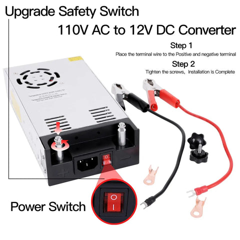 Beefy 12V 50A 600W DC Power Supply Converter with clamp wires and safety switch, adjustable output for electronics
