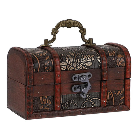 Vintage wooden box with detailed floral design and swing arm latch antique cabinet hardware for jewelry box and suitcase left and right clasp set of 2 tough as nails metal construction and easy locking for daily access.