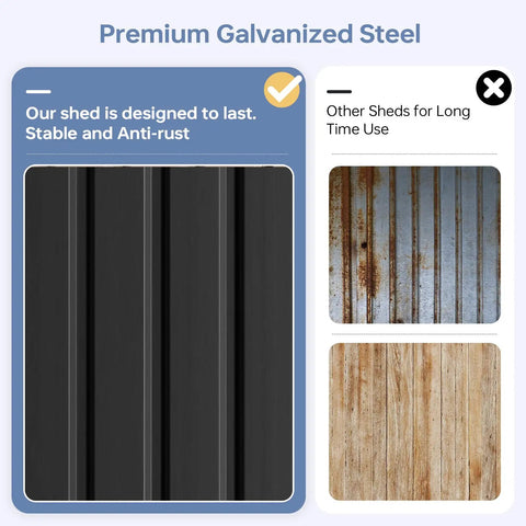 Comparison of premium galvanized steel and rusted materials for Beefy 6x4 Ft Outdoor Storage Shed For Metal Garden Tools.