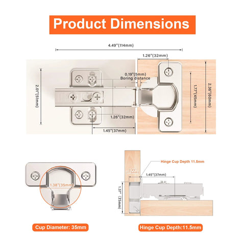 Two-Pack Precision Engineered Full Overlay Cabinet Hinges dimensions and measurements diagram