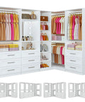 Sleek White Corner Closet System With Nine Wooden Drawers And Adjustable Shelves For Spacious Walk In Storage Organizer Featuring Heavy Duty Hanging Rods And Zero Hassle Organization, display with dresses and shoes.