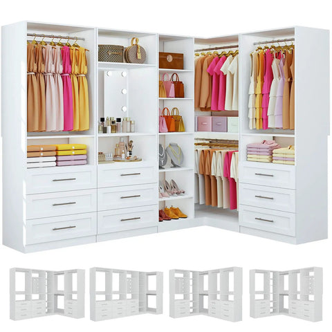 Sleek White Corner Closet System With Nine Wooden Drawers And Adjustable Shelves For Spacious Walk In Storage Organizer Featuring Heavy Duty Hanging Rods And Zero Hassle Organization, display with dresses and shoes.