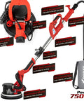 Beast 850W Drywall Sander With Vacuum Dust Collector LED Work Light Folding Extendable Handle Six Speed Settings 800 To 1750 RPM Dustless Popcorn Ceiling Removal Tool With 6 Sanding Discs standing upright with labeled features.