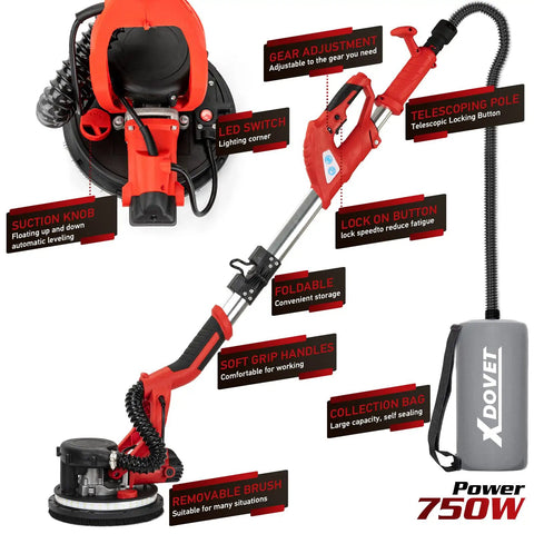 Beast 850W Drywall Sander With Vacuum Dust Collector LED Work Light Folding Extendable Handle Six Speed Settings 800 To 1750 RPM Dustless Popcorn Ceiling Removal Tool With 6 Sanding Discs standing upright with labeled features.