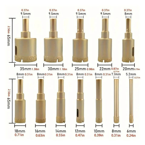 Rock Solid 12-Piece Diamond Drill Bit Set With Hole Saw Kit Ranging From 6mm To 35mm For Glass Tile Stone Granite Marble Ceramic And More Precise Durable Bits Included. 12 diamond drill bits shown with sizes 6mm to 35mm
