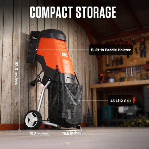 Electric Wood Chipper Shredder With 15 Amp Beast Power For Branches Up To 1.8 Inches, compact storage display in garage.