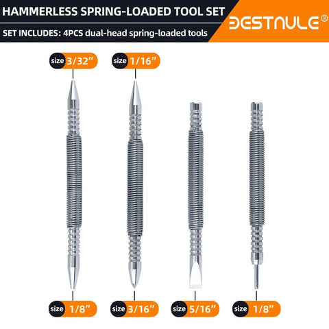 All-In-One 4 Piece Nail Setter Kit With Dual Head Nail Setter And Center Punch, Hammerless Cold Chisel, And Hinge Pin Remover Punch