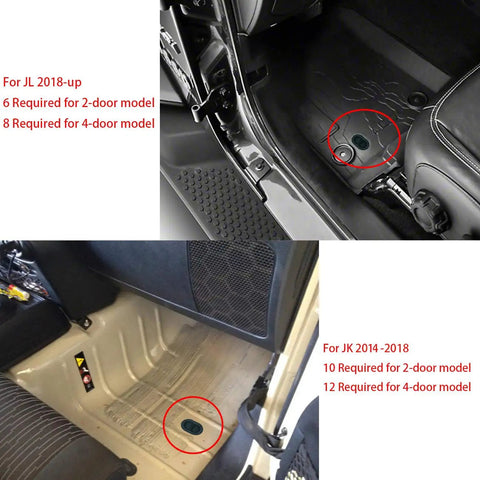 Floor Pan Drain Plug Kit For Jeep Wrangler JK JL 2014 To 2025 And Gladiator JT 2020 To 2025 4 Piece Set installed view