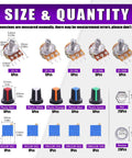 Diagram of Dope Potentiometer Assortment Kit With 1K To 500K Ohms, showing dimensions of pots, nuts, washers, and knobs.