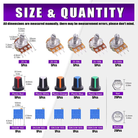 Diagram of Dope Potentiometer Assortment Kit With 1K To 500K Ohms, showing dimensions of pots, nuts, washers, and knobs.