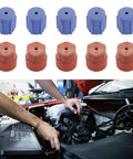 10Pcs A C System Valve Cap Set for R134a Vehicles, blue low side and red high side caps, with mechanic servicing car engine